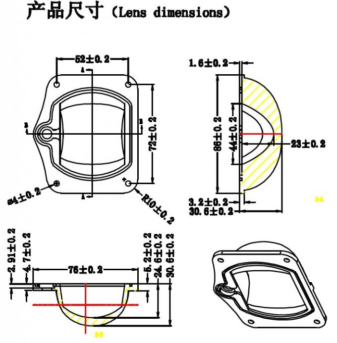 Single COB LED Lens High Power 50W - 100W  High Transmittance 166 x 85°
